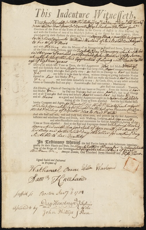Nancy Hews indentured to apprentice with William Warland of Boston, 28 December 1753