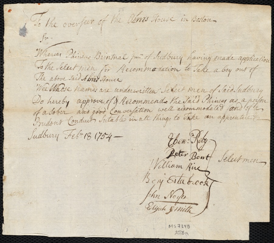 John Fendley indentured to apprentice with Phineas Brintnall, Jr. of Sudbury, 21 March 1754