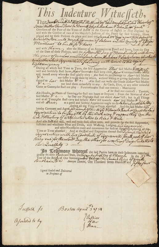 Sarah McCoye indentured to apprentice with Joseph Gorman of Salem, 21 March 1754