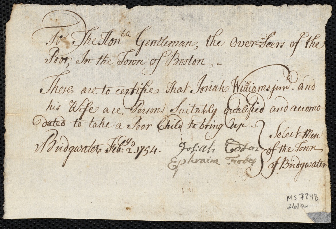 Mary Young indentured to apprentice with Josiah Williams of Bridgewater, 21 March 1754