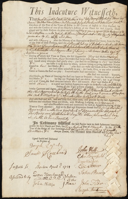 Mary Young indentured to apprentice with Josiah Williams of Bridgewater, 21 March 1754
