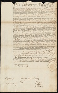 Agnes McFay indentured to apprentice with James Perie of Woburn, 3 April 1754