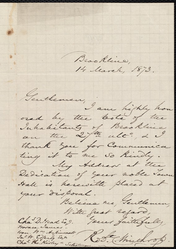 Note of thanks regarding dedication of the town hall, 3/14/1873