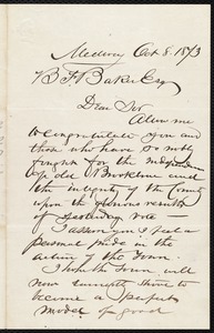 Letter of congratulations to B. F. Baker on preservation of old Brookline, 10/8/1873
