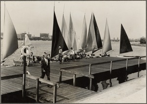 Dedication of the James Jackson Storrow and Helen Osborn Storrow Memorial, Gloucester Street - Storrow Memorial embankment, July 27, 1949. Salute from Community Sailing Group, founded by Mrs. Storrow. Joseph Lee in foreground.