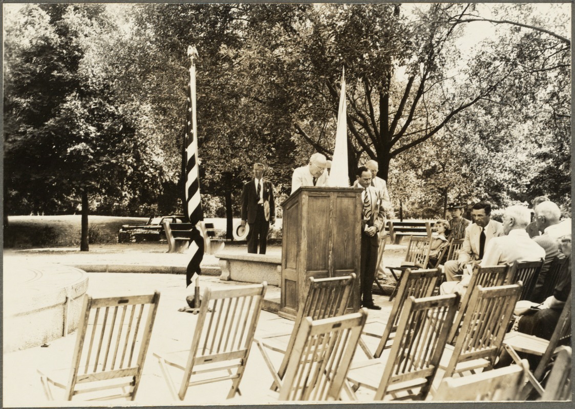 Dedication of the James Jackson Storrow and Helen Osborn Storrow Memorial, Gloucester Street - Storrow Memorial embankment, July 27, 1949. Invocation by Rev. Palfrey Perkins, minister emeritus, Kings Chapel