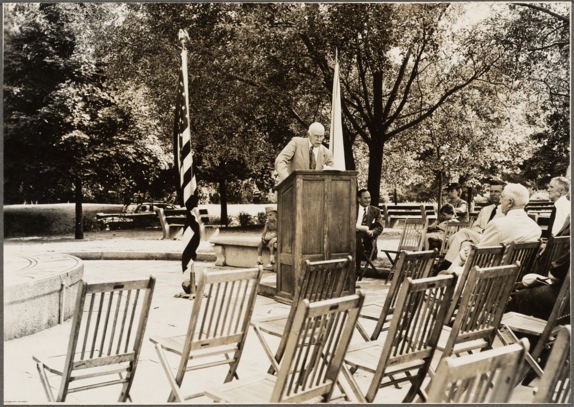 Dedication of the James Jackson Storrow and Helen Osborn Storrow Memorial, Gloucester Street - Storrow Memorial embankment, July 27, 1949. Judge Robert Walcott of Cambridge