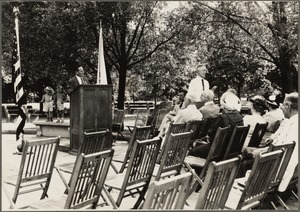 Dedication of the James Jackson Storrow and Helen Osborn Storrow Memorial, Gloucester Street - Storrow Memorial embankment, July 27, 1949. Max Ulin at rostrum, Arthur Shurcliff, Sr., landscape architect, speaking