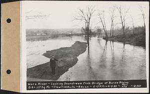 Ware River, looking downstream from bridge at Barre Plains, drainage area = 117 square miles, flow 1,010 cubic feet per second = 8.6 cubic feet per second per square mile, Barre, Mass., 2:15 PM, Apr. 3, 1933