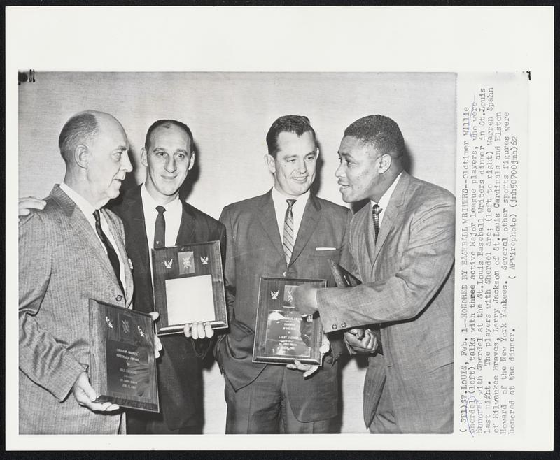 Honored by Baseball WritersOldtimer Willie Sherdel (left) talks with