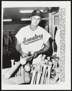 Bill “Moose” Skowron, shown choosing bats as D.C. Stadium 5/11, is making a comeback with the Washington Senators. “Moose” had a dismal season with the Los Angeles Dodgers in 1963 - hitting only 203 with an output of only 4 home runs. This season, the former Yankee star has walloped 8 circuit blows and is hitting in the 280’s.