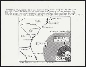 Giant size hurricane Dora churned heavy seas against 2,000 miles of Atlantic coastline 9/7 and moved menacingly closer to the U.S. mainland with 130 mile an hour top winds. Forecasters said its far-flung gales might lash the coast from the Carolinas to and including Florida by late 9/8. This map spots Dora at 5 P.M. (EST)