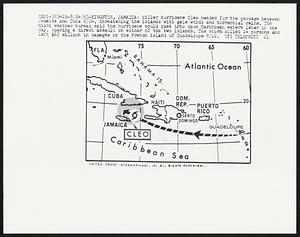 Killer hurricane Cleo headed for the passage between Jamaica and Cuba 8/24, threatening the islands with gale winds and torrential rains. The Miami bureau said the hurricane would pass into open Caribbean waters later in the day, sparing a direct assault on either of the two islands. The storm killed 14 persons and left $63 million in damages on the French island of Guadeloupe 8/22.