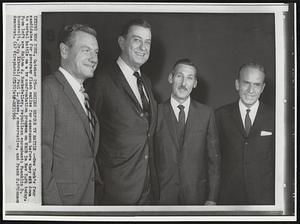 Smiles Before TV Battle--New York's four candidates for governor flash smiles for cameraman before they sit down to verbal battle on a tv confrontation program on WACB in New York today. From left are Nelson A. Rockefeller, republican incumbent; Franklin D. Roosevelt, Jr., liberal; Paul L. Adams, conservative, and Frank D. O'Connor democrat.