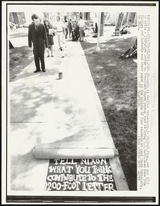 Students at Hamline University, in St. Paul, Minn., set out 5/13 to write a 1200-foot letter to President Nixon urging that he bring U.S. servicemen home from Vietnam and Cambodia and their anger in the killing of four students at Kent State University, in Ohio.