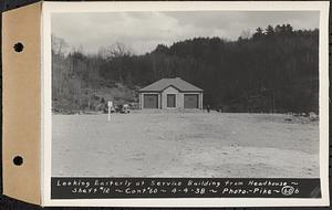 Contract No. 60, Access Roads to Shaft 12, Quabbin Aqueduct, Hardwick and Greenwich, looking easterly at service building from headhouse, Greenwich and Hardwick, Mass., Apr. 4, 1938