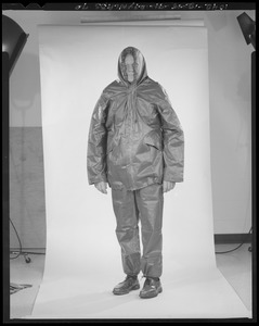 Experimental parka & trousers for wet weather for Marines (front view - closed up, hood up)