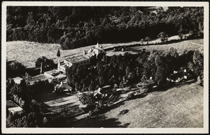 Aerial view of Bynden Wood shows Stetson House and several Swiss Chalet Cottages atop South Mountain, Wernersville, Pa. Auspices Reading Y.M.C.A.