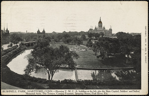 Bushnell Park, Hartford, Conn. - showing Y.M.C.A. building at the left, Also the State Capitol, Soldiers' and Sailors' Memorial Arch, the Terrace, Corning Fountain, Stepping Stones, Park River, etc.
