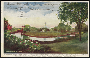 Bushnell Park, Hartford, Conn. - showing the Y.M.C.A. building, at the left, Ford Street Bridge, Soldiers' and Sailors' Memorial Arch, State Capitol, the Terrace, Corning Fountain, Stepping Stones, Park River, etc., etc.