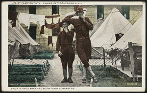 Life at Fort Dix, N.J. Chums in clothesline alley. Shorty and Lanky are both good scrappers