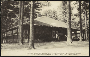 Dining room at Maine State Y.M.C.A. Camp, Winthrop, Maine each cabin group eats "family" style at own table