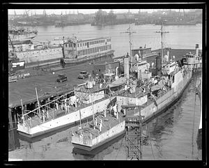 Eagle Boat 42 in foreground, US Navy YR-15 in background, Navy Yard