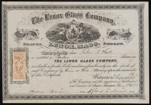 Original Lenox Glass Company stock shares certificate