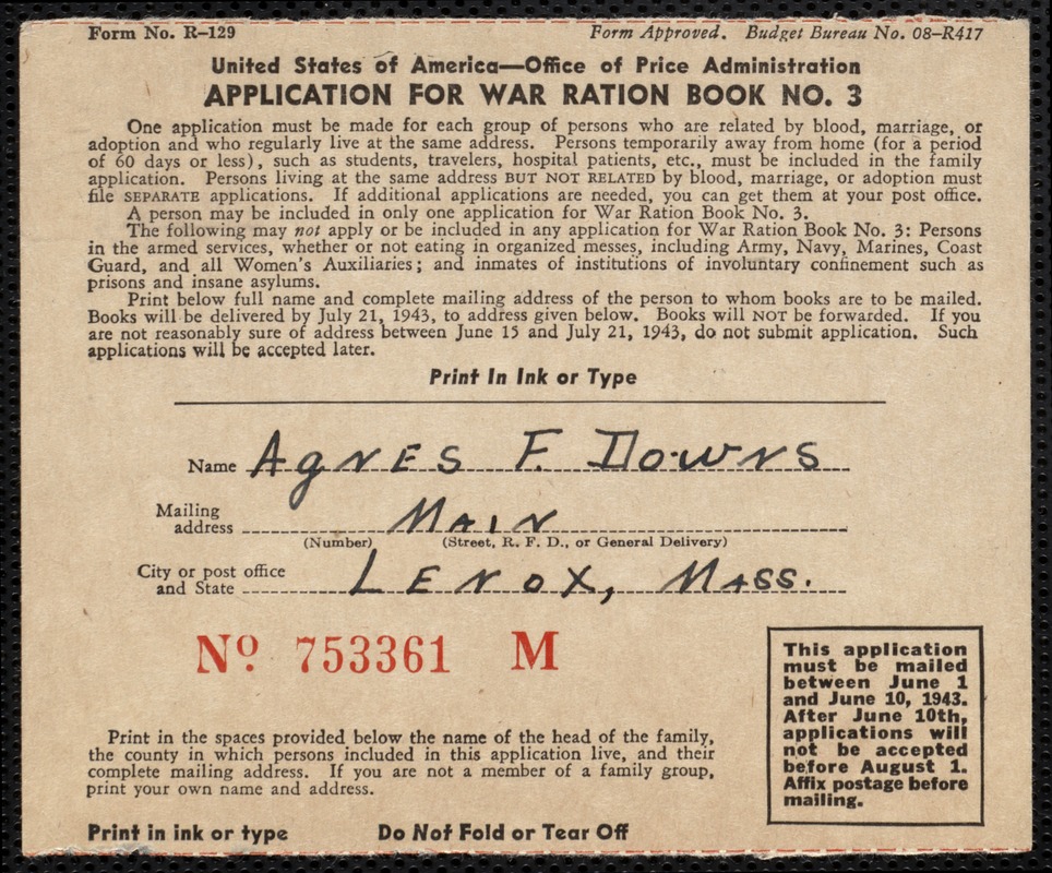 Application for War Ration Book No. 3 from Office of Price Administration