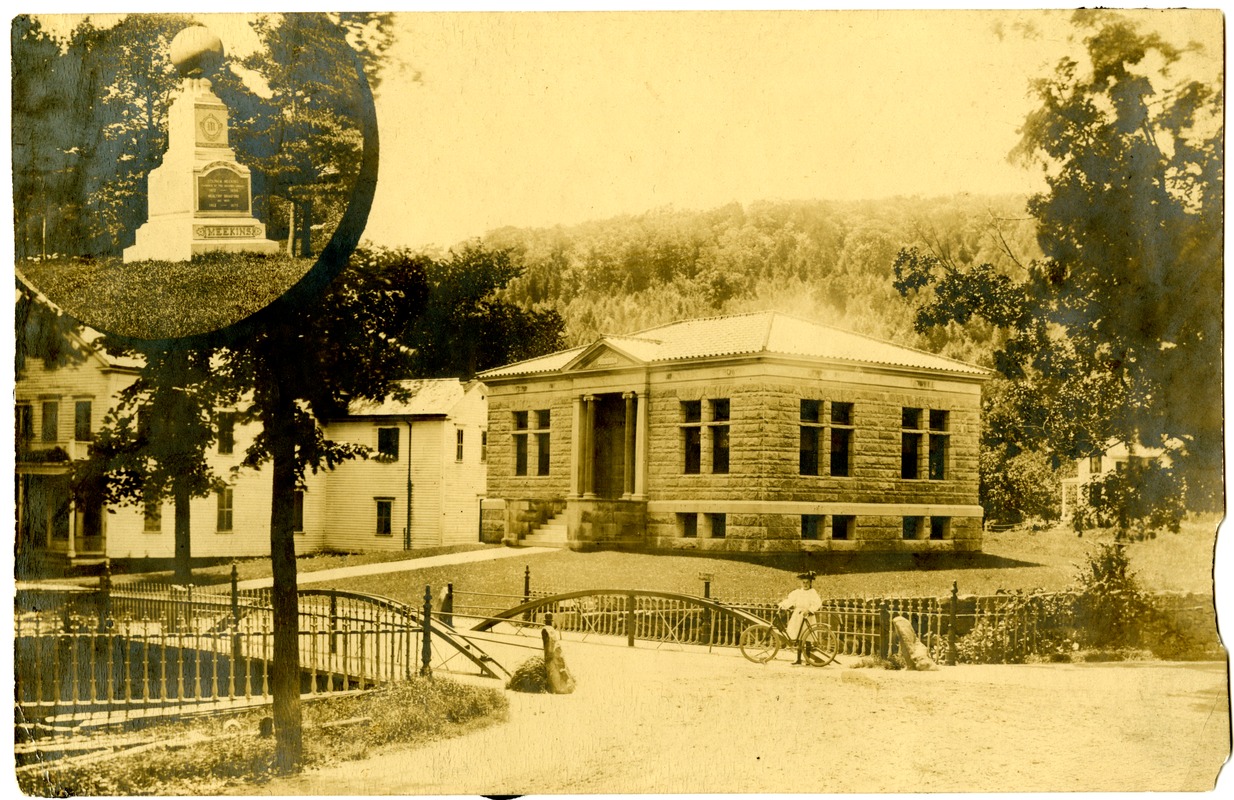 Meekins Library, 1900-1910, and Stephen Meekins' gravestone