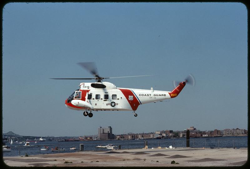 Coast Guard helicopter taking off, North End, Boston