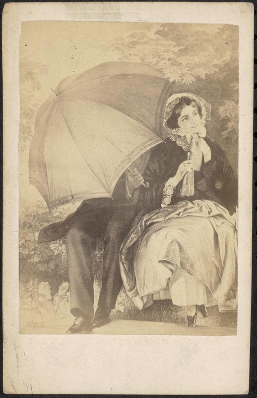 Man hidden behind an umbrella sitting next to a woman