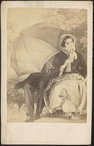 Man hidden behind an umbrella sitting next to a woman