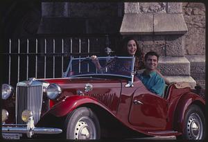 Couple in a 1950 MG, Cathedral of the Holy Cross, South End