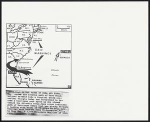 The Paths of Dora and Ether--Map shows the erratic path of Dora which whipped herself into a tropical storm over central Georgia today and threatened to become a hurricane once again as she plowed toward the Atlantic Ocean. Open arrow indicates path of Hurricane Ethel that was giving Bermuda a lashing with winds of 70 miles an hour. Gale warnings were hoisted from St. Augustine, Fla., to Cape May, N.J.