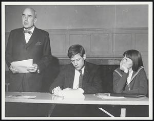 L to R. Thomas Boylston Adams. John Brode, Chairman of Cambridge chap. A.D.A. Barbara Denning of Wellfleet