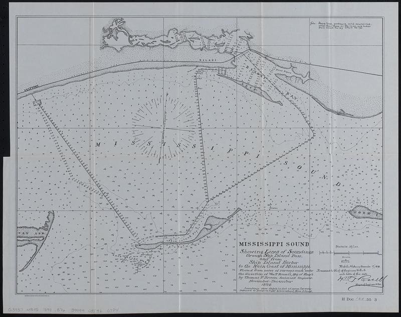 Mississippi Sound showing lines of soundings through Ship Island Pass, and from Ship Island Harbor to the main coast of Mississippi