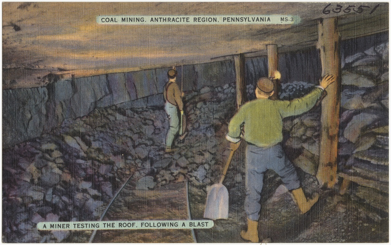 Coal mining, Anthracite Region, Pennsylvania. A miner testing the roof, following a blast