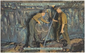 Coal mining, Anthracite Region, Pennsylvania. Inserting squibb to dynamite section of coal