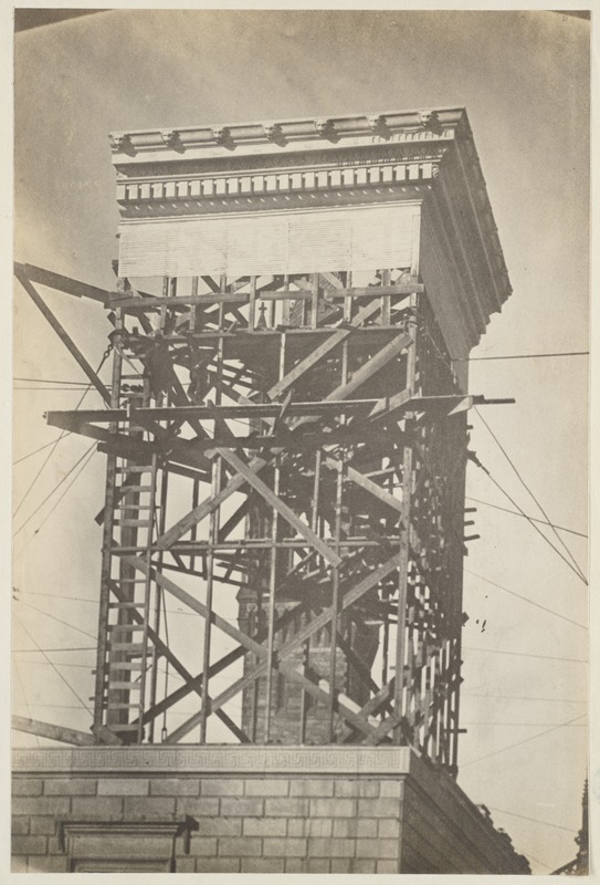 Mock-up of cornice on scaffolding, construction of the McKim Building.