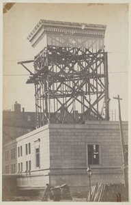Mock-up of the cornice on scaffolding, construction of the McKim Building