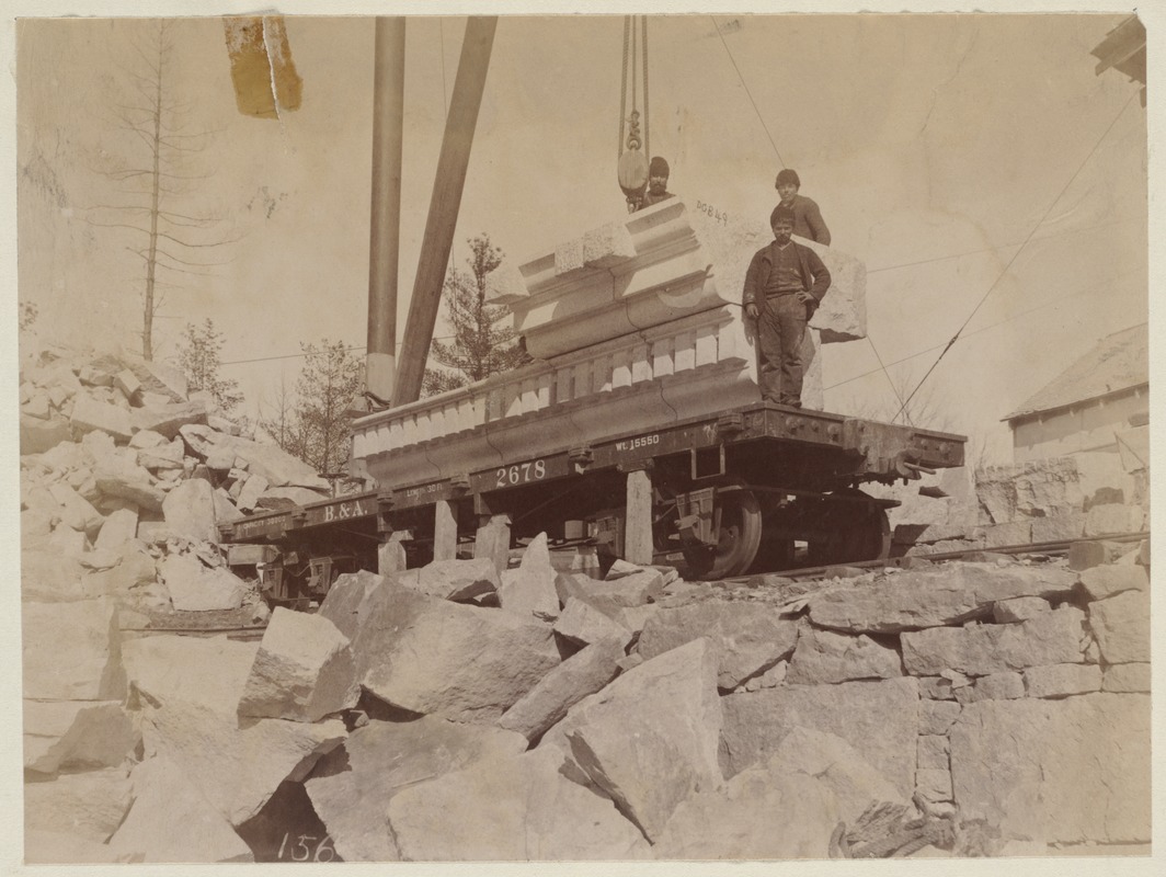 Side view of cornice stone at Milford Quarry, construction of the McKim Building