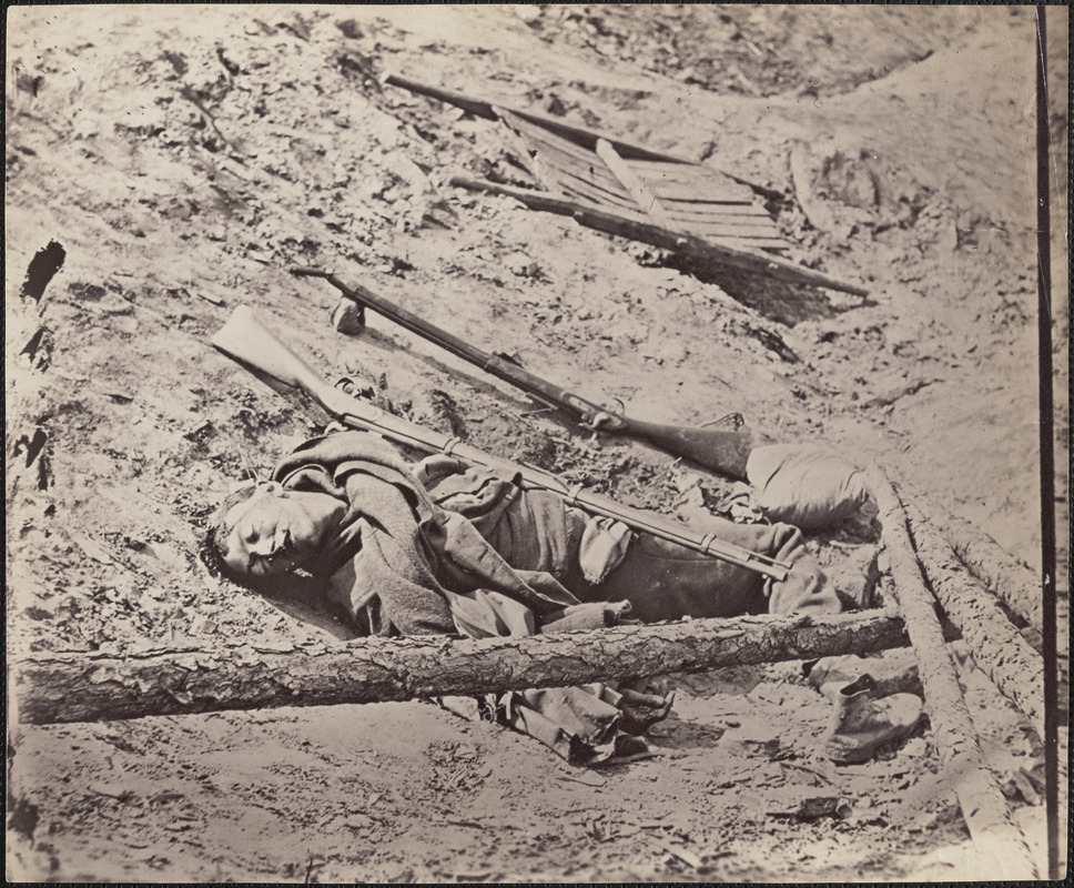 Dead Confederate soldier in the trenches of Fort Mahone, Petersburg, Virginia