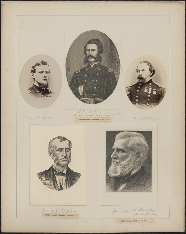 Five portraits: John M. Brown, L.C. Baker, W.J. Bolton, R.L. Bodine, John L. Beveridge