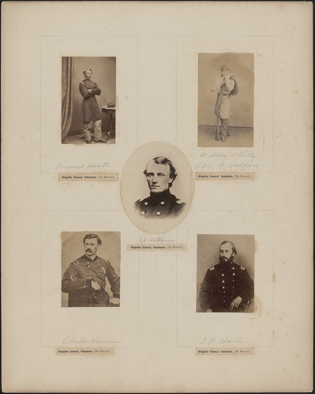 Five portraits: Francis Heath, Charles G. Halpin [a.k.a.] "Private Miles O'Reilly", T. J. Hutchinson, Charles Hamlin, J. F. Hall