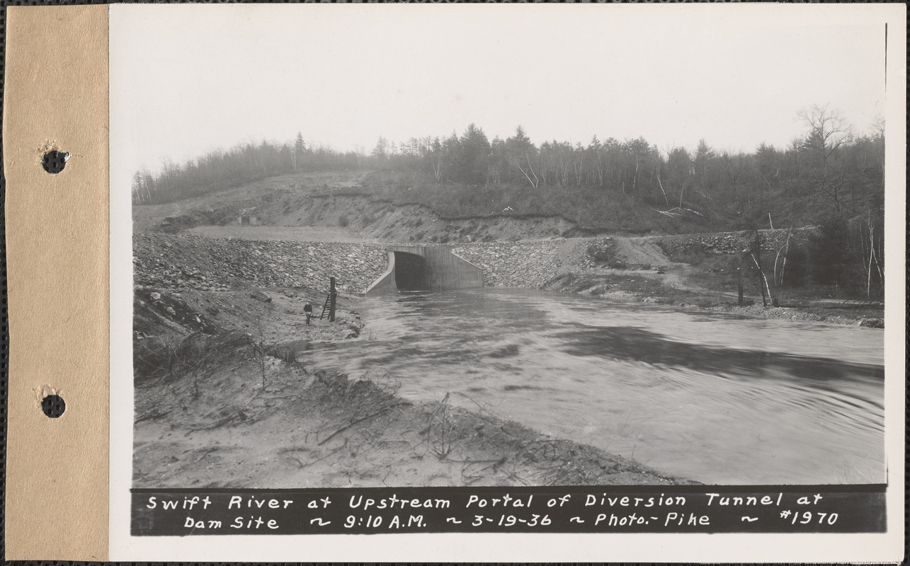 Swift River at upstream portal of diversion tunnel at dam site, flood photo, Mass., Mar. 19, 1936