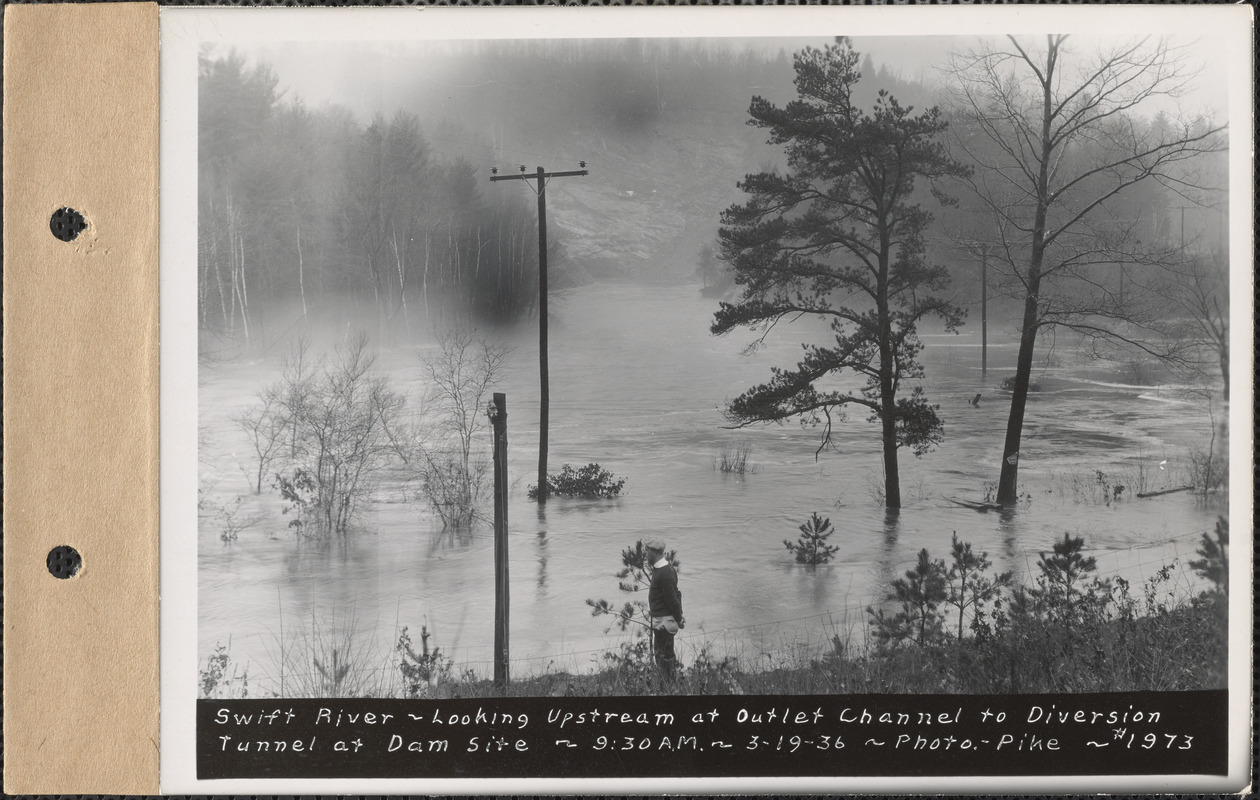 Swift River - looking upstream at outlet channel to diversion tunnel at dam site, flood photo, Mass., Mar. 19, 1936