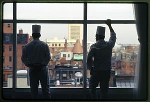 Boston: Two chefs look out to Back Bay from the Hynes Convention Center (circa 1990)