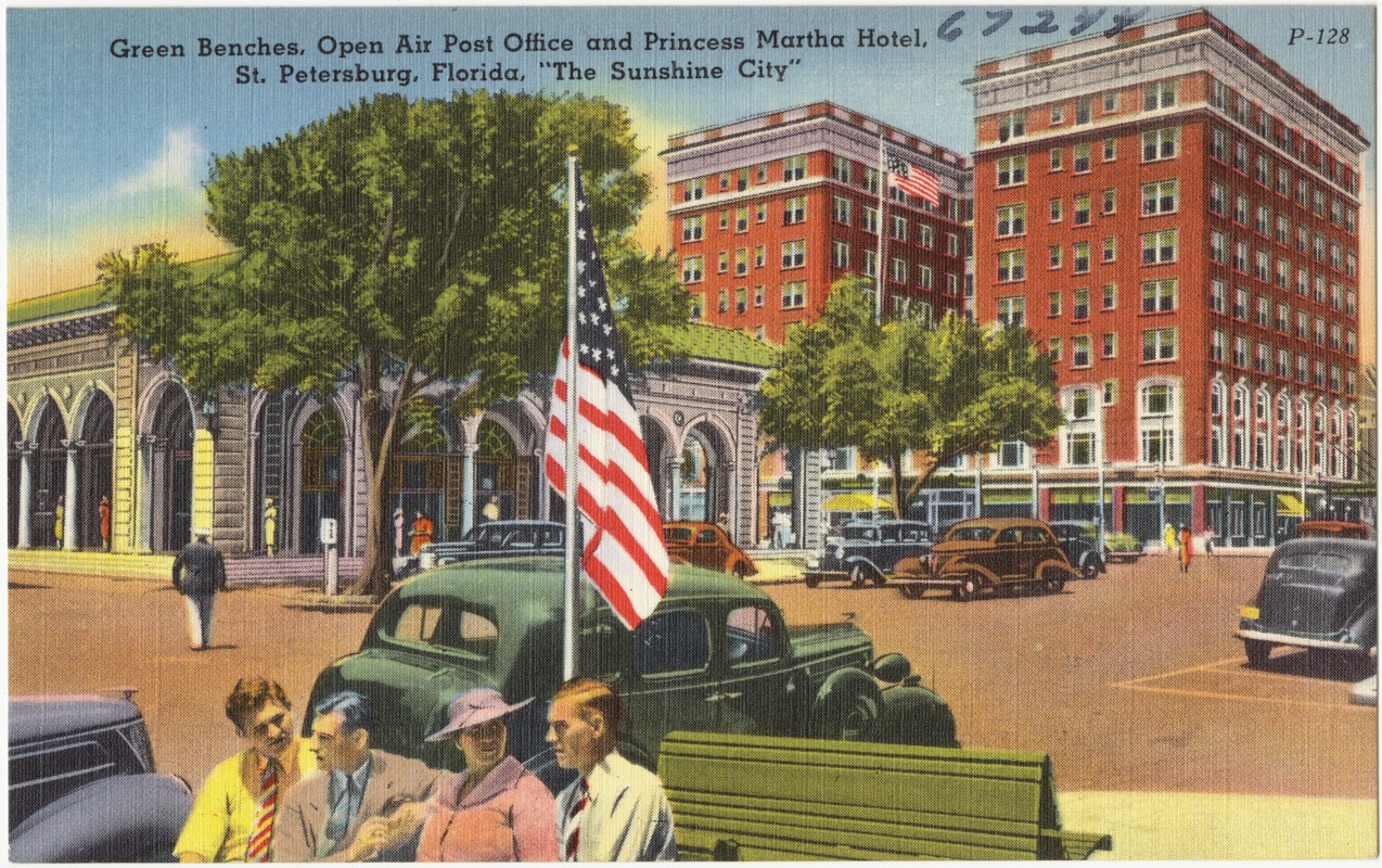 Green benches, open air post office, and Princess Martha Hotel, St. Petersburg, Florida, "the sunshine city"