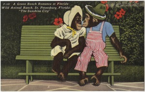 A green bench romance at Florida wild animal ranch, St. Petersburg, Florida, "the sunshine city"